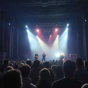 Concert stage during an emergency situation with fans looking concerned.