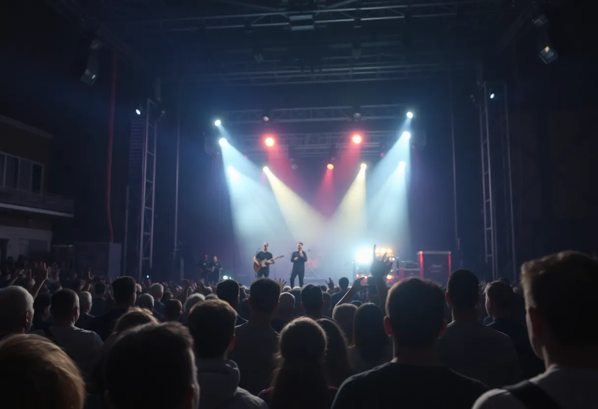 Concert stage during an emergency situation with fans looking concerned.