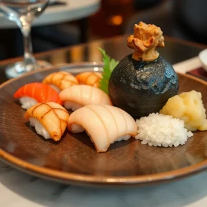 A beautifully arranged plate of nigiri and roasted bone marrow at Katami restaurant in Houston.
