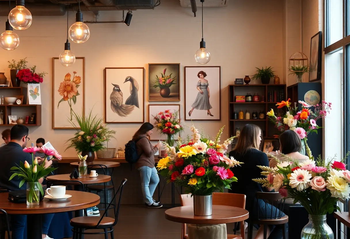 Interior view of Kept Secret coffee bar featuring art and flowers