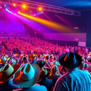 A lively concert crowd at a rodeo event enjoying a country music performance.