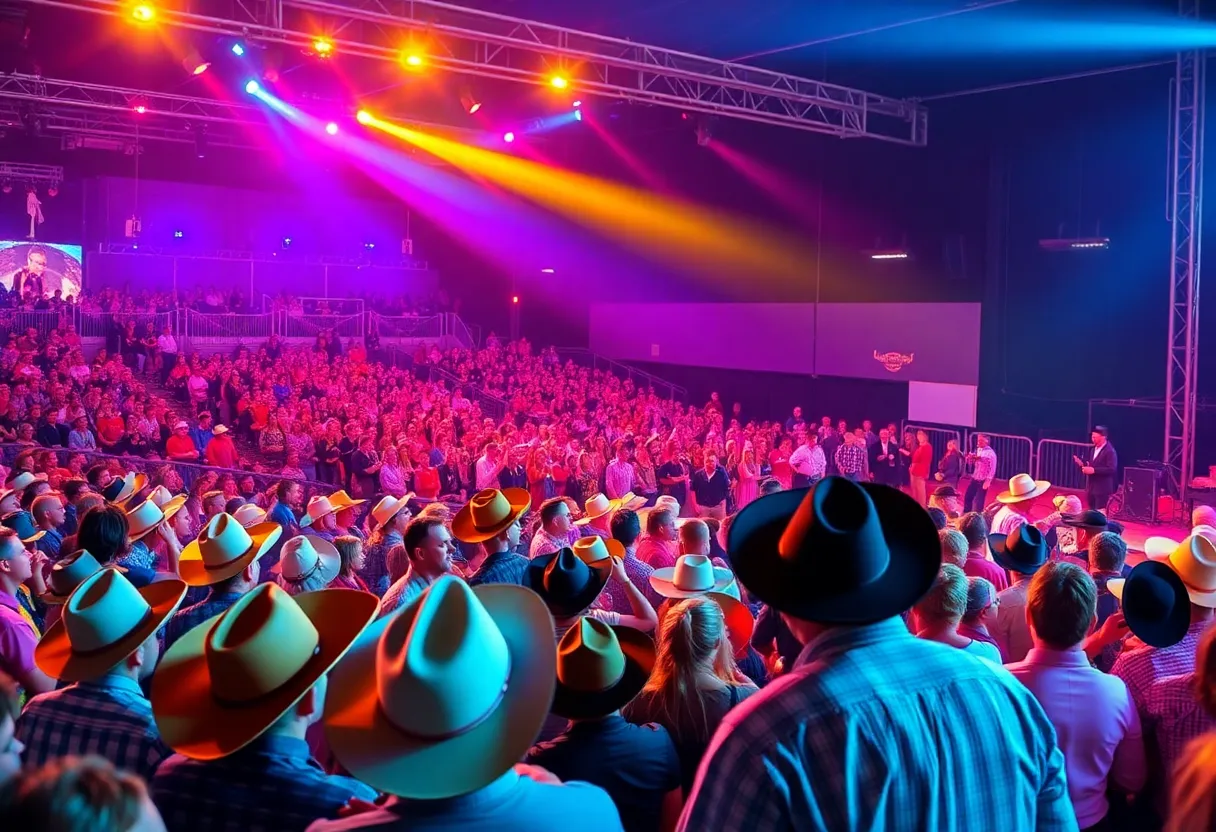 A lively concert crowd at a rodeo event enjoying a country music performance.