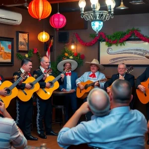 Mariachi group performing in a restaurant with lively atmosphere