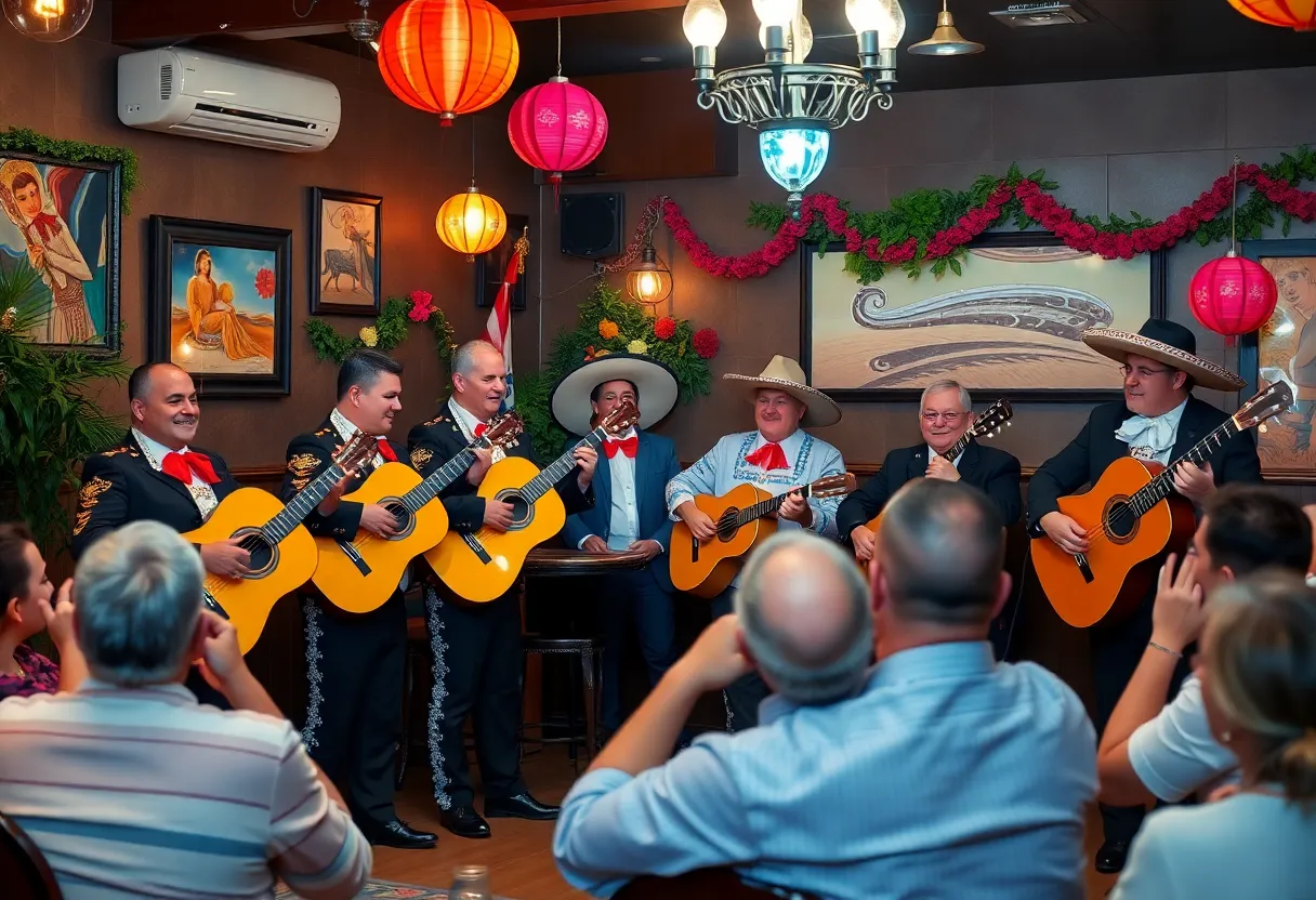 Mariachi group performing in a restaurant with lively atmosphere
