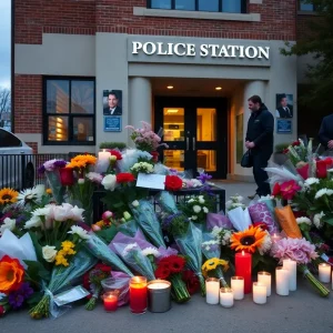 Community memorial for a fallen deputy sheriff with flowers and candles.