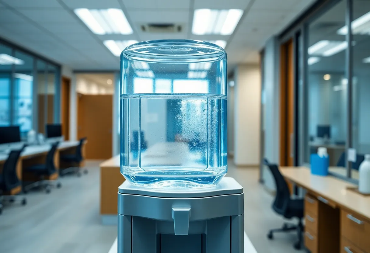 Office water dispenser representing hygiene issues
