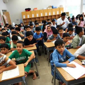 Students in an overcrowded classroom in a Houston school