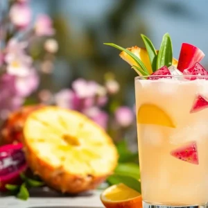 A glass of Pineapple Dragonfruit Lemonade garnished with pineapple slices and dragonfruit pieces