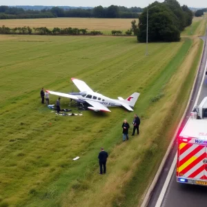 A small aircraft wreckage in the grass beside a busy highway with emergency responders present.