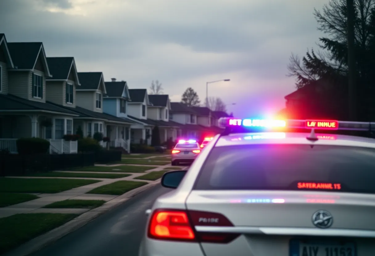 Police vehicles in a residential area during a legal incident.