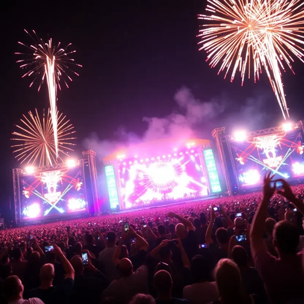 Post Malone performing at concert with fireworks and crowd excitement