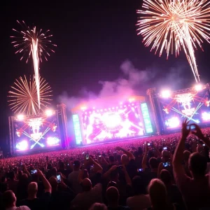 Post Malone performing at concert with fireworks and crowd excitement