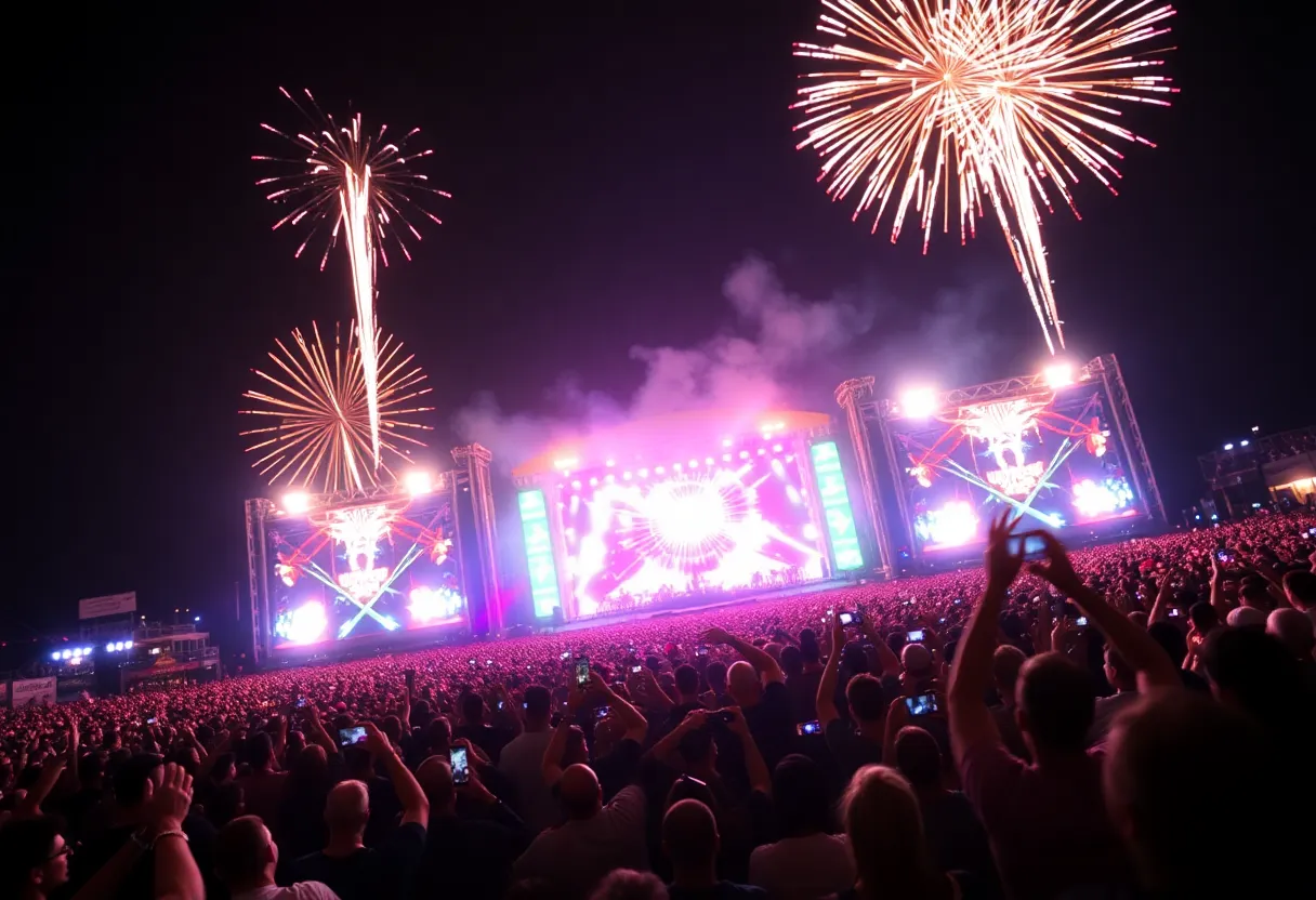 Post Malone performing at concert with fireworks and crowd excitement