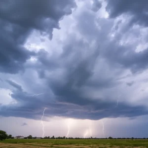 Dark clouds and lightning signaling severe thunderstorms in Northeast Texas
