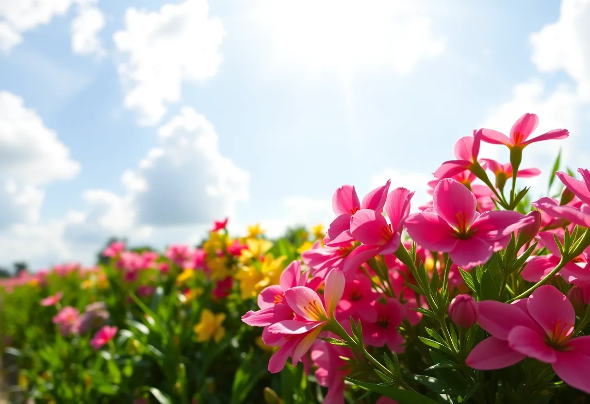 A spring day in Houston with flowers blooming under sunny skies and clouds in the distance.