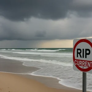 Stormy beach in Southeast Texas with warning sign for rip currents