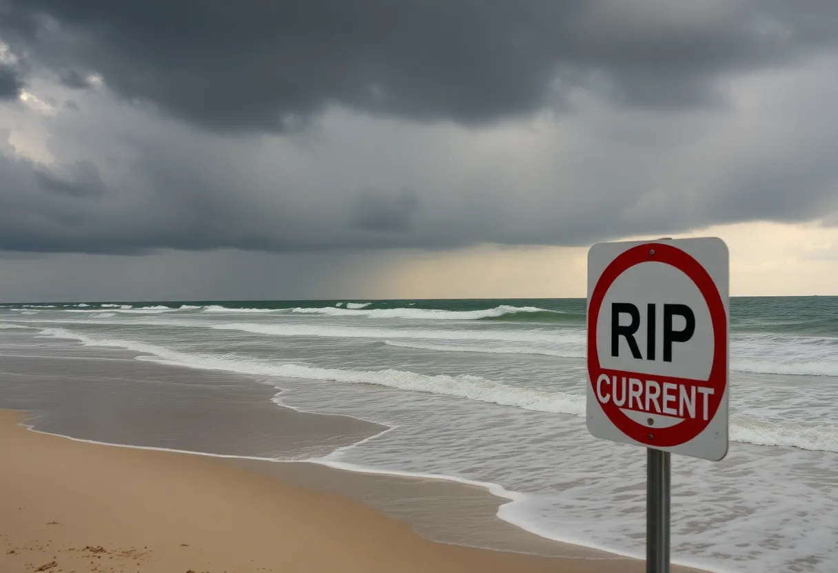 Stormy beach in Southeast Texas with warning sign for rip currents