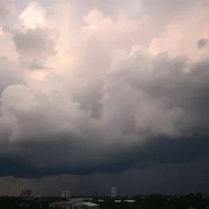 A view of stormy clouds over Houston with signs of rain in the distance.