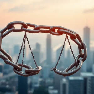 Abstract representation of justice with broken chains.