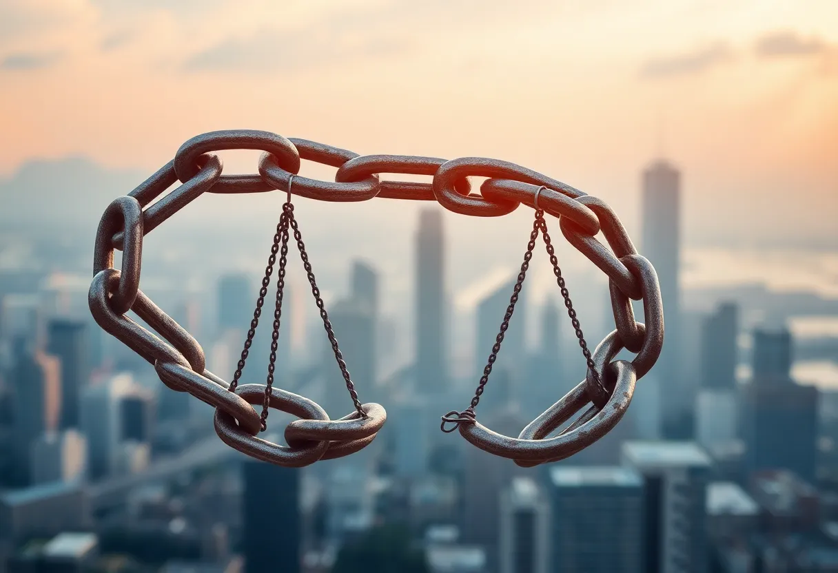 Abstract representation of justice with broken chains.