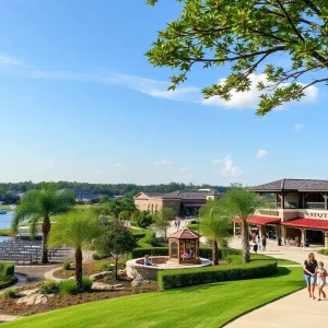 Scenic view of parks and shops in The Woodlands, Texas