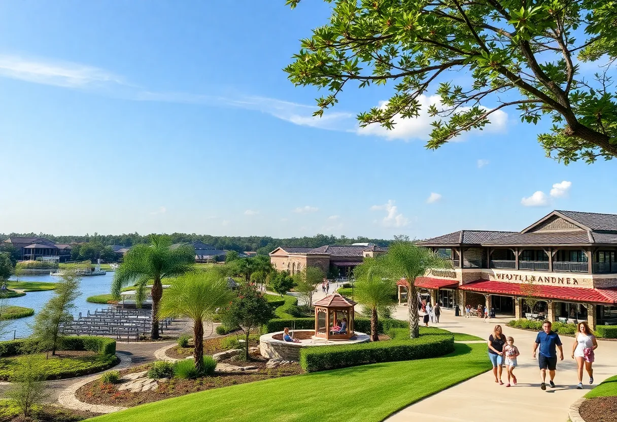 Scenic view of parks and shops in The Woodlands, Texas