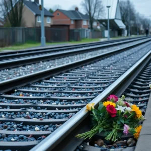 A makeshift memorial with flowers near railway tracks