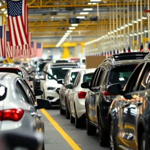 An assembly line at a U.S. auto manufacturing facility.