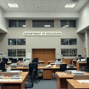 Exterior of the U.S. Department of Education building with empty desks