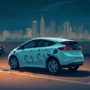 Vandalized Tesla vehicle in a parking lot