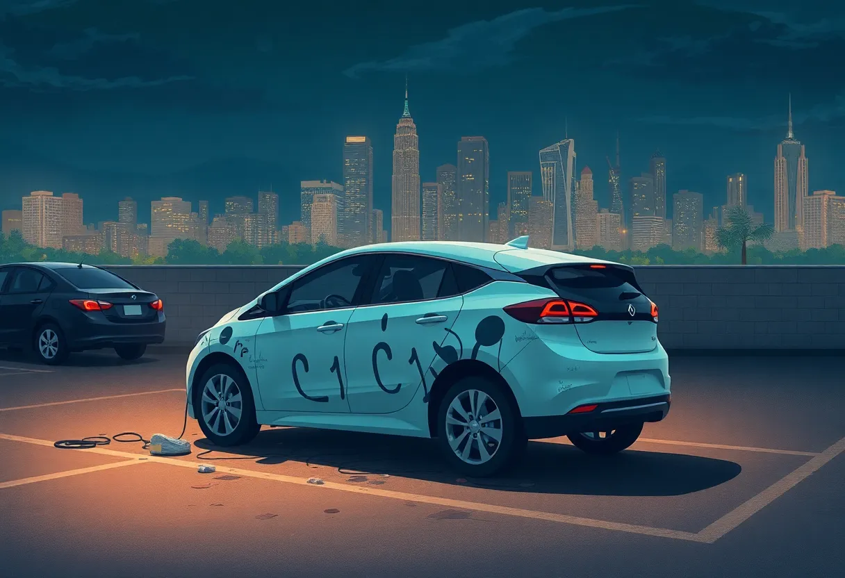 Vandalized Tesla vehicle in a parking lot