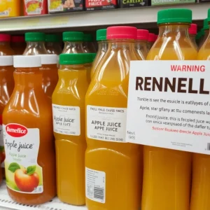 Display of apple juice bottles with a recall warning