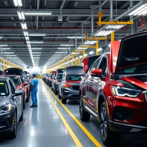 Workers assembling vehicles in a modern automotive factory