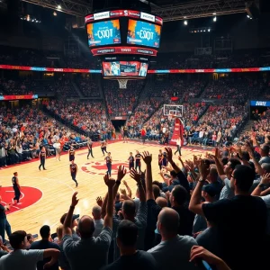 Dynamic basketball game atmosphere with fans cheering