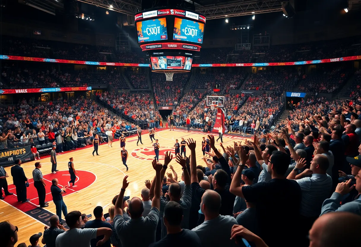 Dynamic basketball game atmosphere with fans cheering