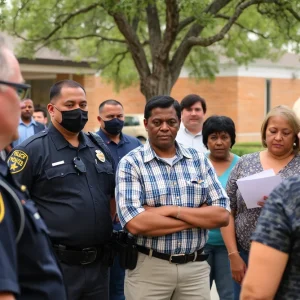 Community members discussing safety measures against robberies in Beaumont