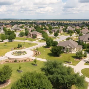 Scenic view of suburban life in Texas with parks and homes.