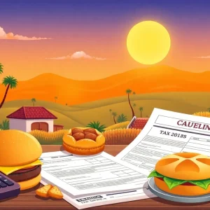 Tax Day relief in California with a calculator, documents, and food items.