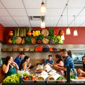 Interior view of a Chipotle restaurant with colorful ingredients and customers enjoying their dining experience.