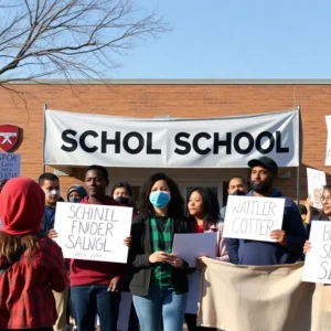 Community members holding signs for school safety outside a middle school.