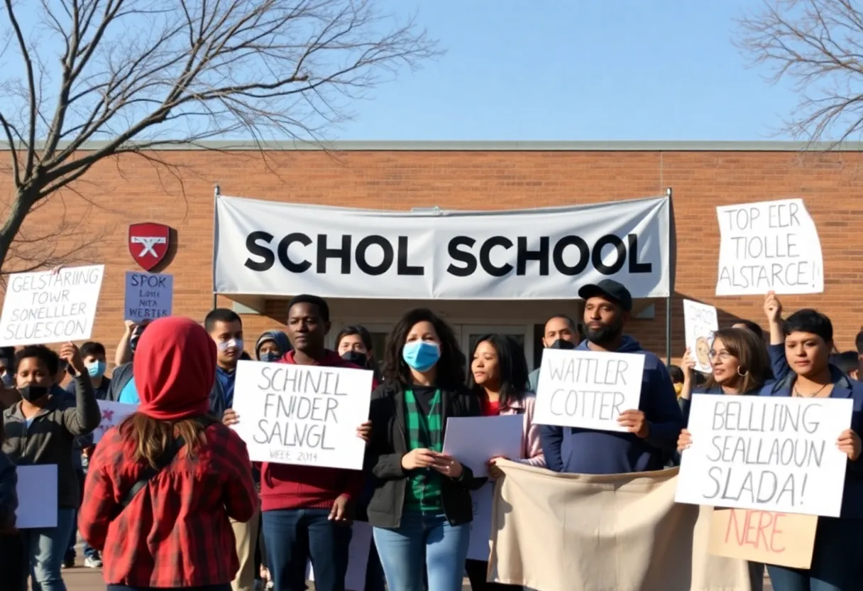 Community members holding signs for school safety outside a middle school.
