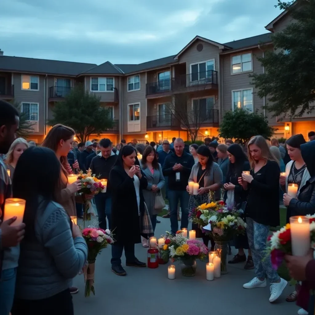 Community gathering with candles at an apartment complex