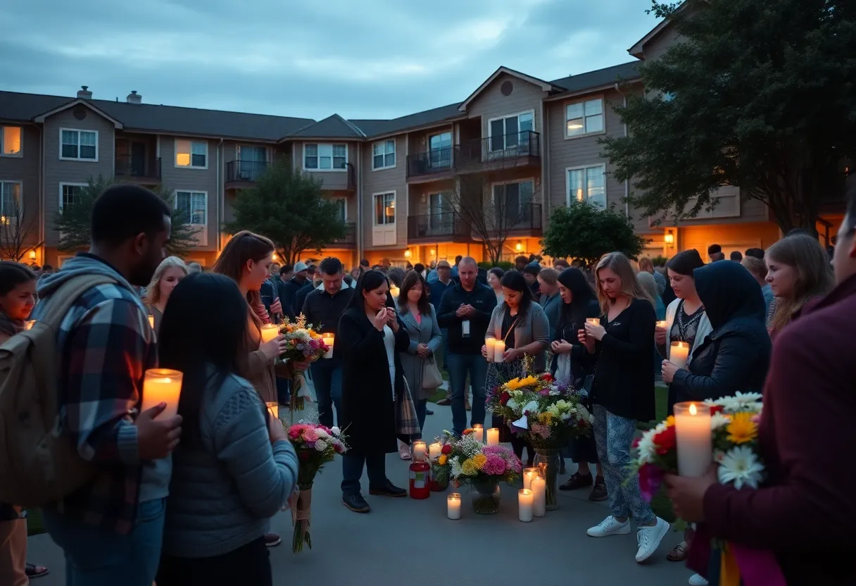 Community gathering with candles at an apartment complex