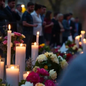 A community gathering with candles for Winsolon Trahan