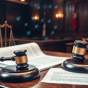 A courtroom during an antitrust trial with legal symbols and technology elements.