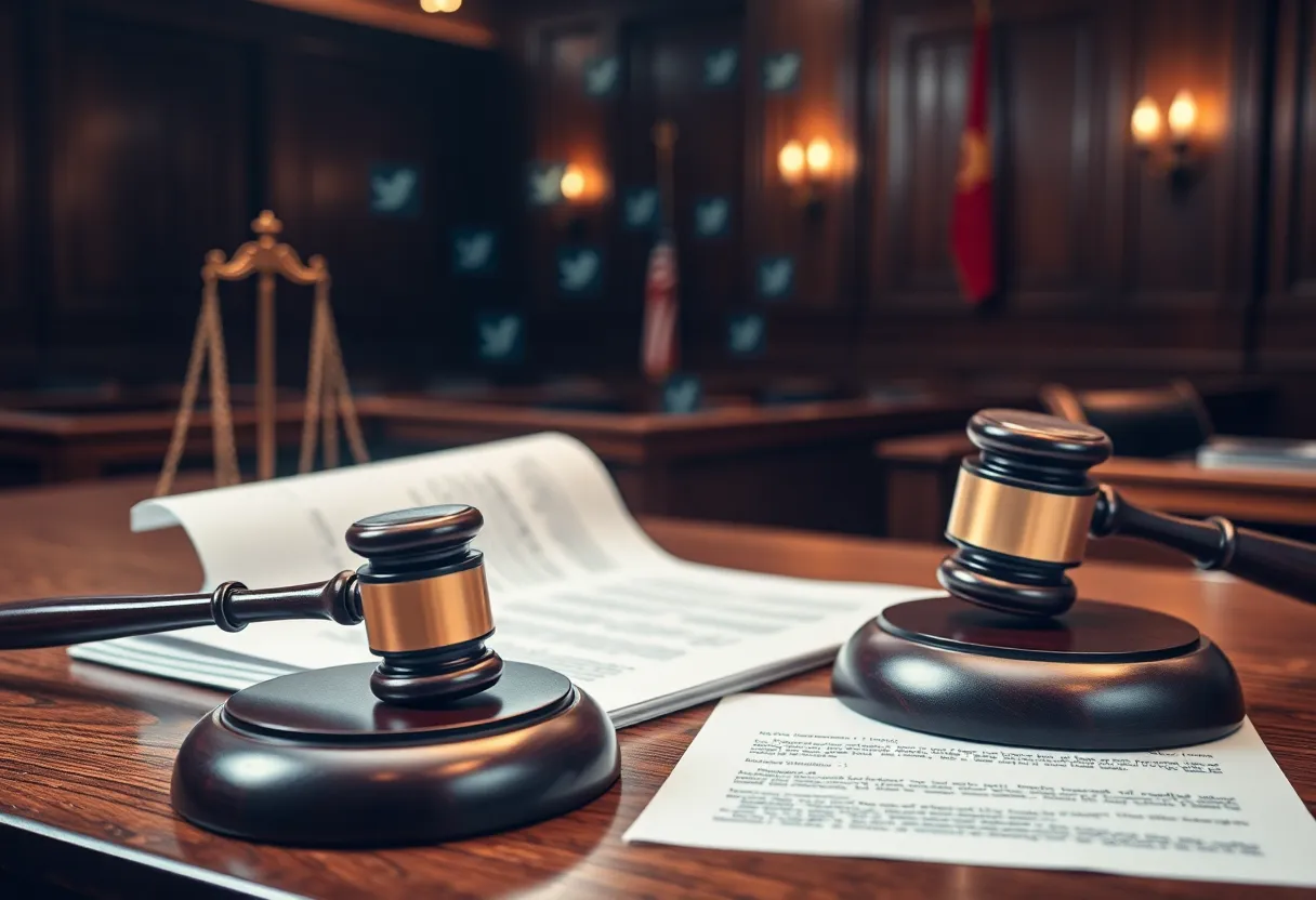 A courtroom during an antitrust trial with legal symbols and technology elements.