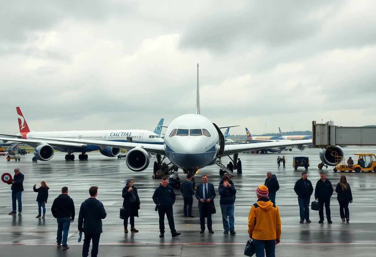Passengers stranded on the tarmac at an airport due to severe weather conditions.