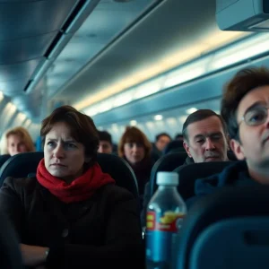 Passengers stuck on a tarmac overnight in an airplane cabin.