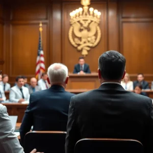 Courtroom illustration of pharmaceutical lawsuit