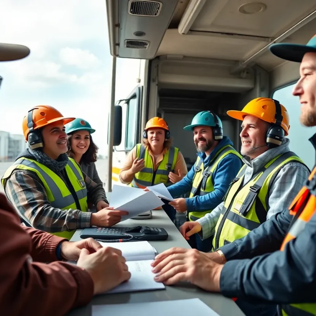 Truck drivers communicating with safety officials